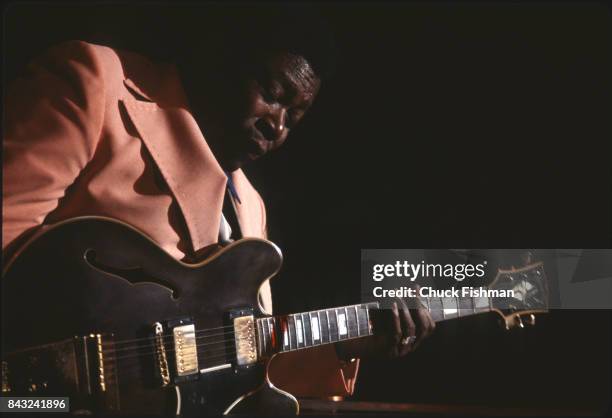 American Blues musician BB King plays guitar as he performs onstage during the New Orleans Jazz and Heritage Festival, New Orleans, Louisiana, April...