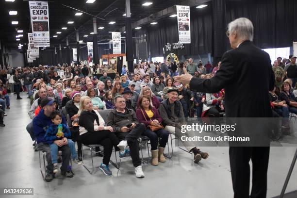 American mentalist Kreskin performs for an audience during the Chocolate Expo at the New Jersey Exposition Center, Edison, New Jersey, November 13,...