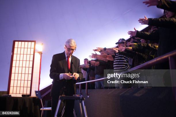 American mentalist Kreskin performs for an audience during the Chocolate Expo at the Cradle of Aviation museum, Garden City, New York, December 11,...