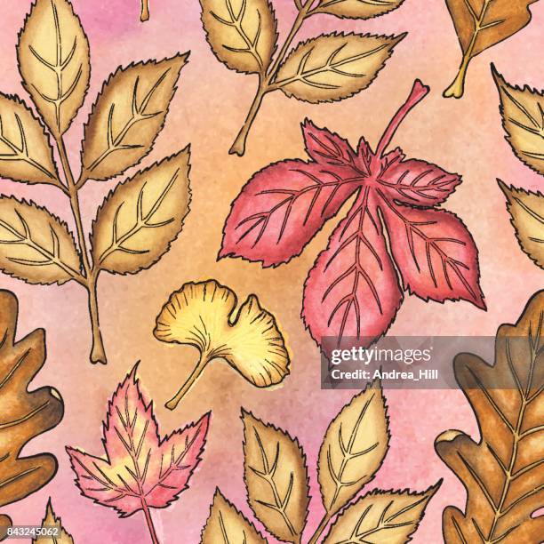 autumn leaves watercolor vector seamless pattern - walnuts stock illustrations