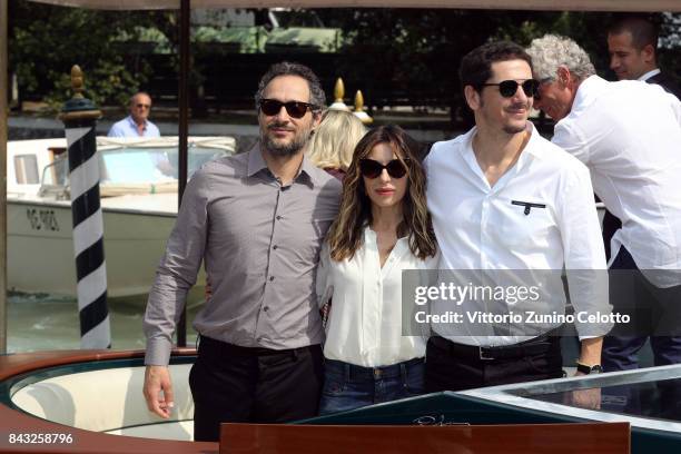 Claudio Santamaria, Sabrina Impacciatore and Gabriele Mainetti are seen during the 74th Venice Film Festival on September 6, 2017 in Venice, Italy.