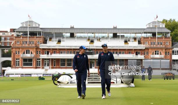 Tom Westley and Alastair Cook of England arrive for a nets session at Lord's Cricket Ground on September 6, 2017 in London, England.
