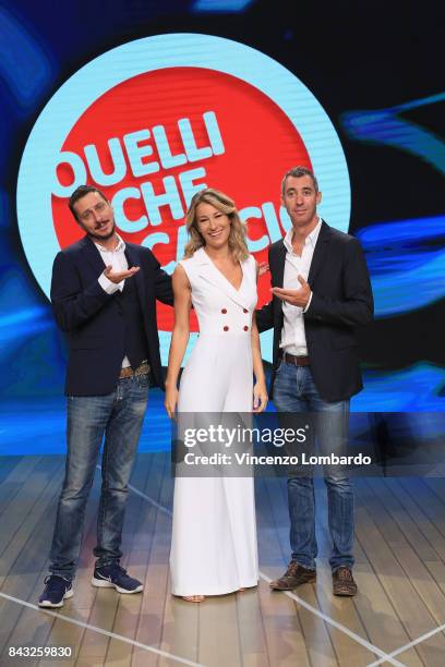 Luca Bizzarri, Mia Ceran and Paolo Kessisoglu attend Quelli Che Il Calcio Photocall on September 6, 2017 in Milan, Italy.