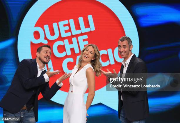 Luca Bizzarri, Mia Ceran and Paolo Kessisoglu attend Quelli Che Il Calcio Photocall on September 6, 2017 in Milan, Italy.