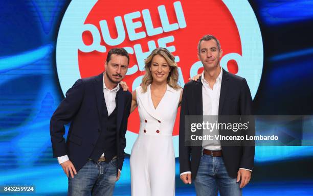 Luca Bizzarri, Mia Ceran and Paolo Kessisoglu attend Quelli Che Il Calcio Photocall on September 6, 2017 in Milan, Italy.