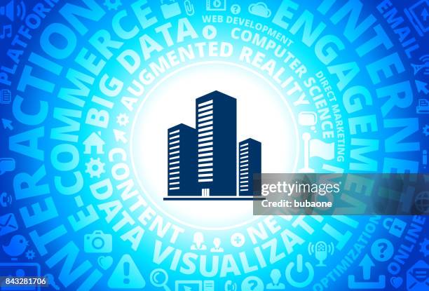 three building icon on internet modern technology words background - 3 cogs icon stock illustrations