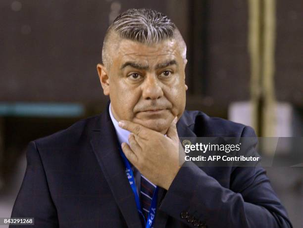 Argentine Football Association president Claudio Tapia gestures before the 2018 FIFA World Cup qualifier football match between Argentina and...