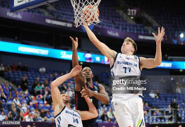 Gasper Vidmar of Slovenia, Kevin Seraphin of France, Luka Doncic of Slovenia during the FIBA Eurobasket 2017 Group A match between Slovenia and...