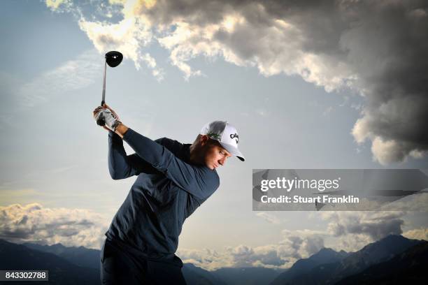 Defending Champion Alex Noren of Sweden poses for a picture during the pro - am prior to the start of the Omega European Masters at Crans-sur-Sierre...