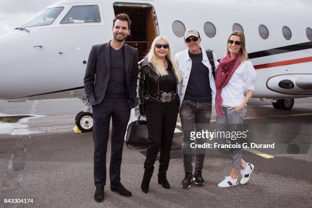 Andrea Iervolino, Monika Bacardi, Antonio Banderas and Nicole Kimpel arrive at the Deauville airport to present the movie 'The Music of Silence'...
