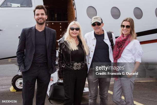 Andrea Iervolino, Monika Bacardi, Antonio Banderas and Nicole Kimpel arrive at the Deauville airport to present the movie 'The Music of Silence'...