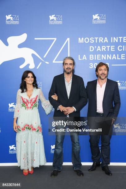Penelope Cruz, Fernando Leon de Aranoa and Javier Bardem attend the 'Loving Pablo' photocall during the 74th Venice Film Festival on September 6,...