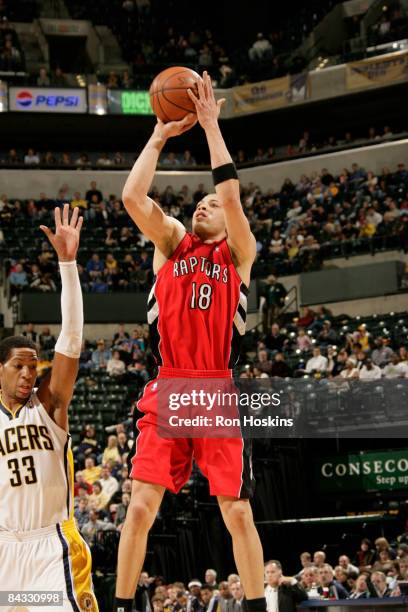 Anthony Parker of the Toronto Raptors shoots over Danny Granger of the Indiana Pacers at Conseco Fieldhouse on January 16, 2009 in Indianapolis,...