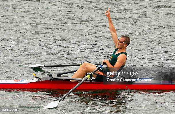 Taylor Wilczynski of Tasmania celebrates winning the mens single scull final during day four of the Australian Youth Olympic Festival at the Sydney...