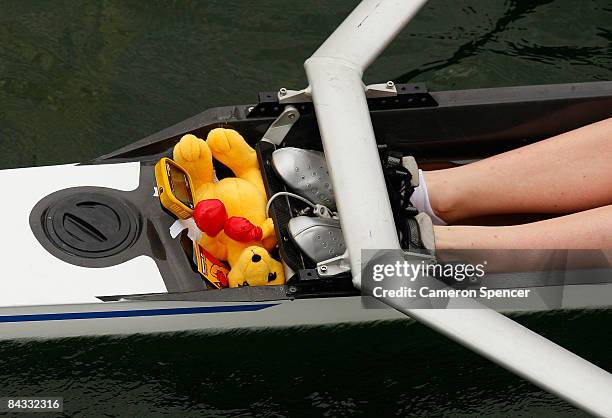 Olivia Oakes of Great Britain rows off with her boxing kangaroo following her third place in the womens single scull final during day four of the...
