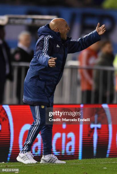 Jorge Sampaoli coach of Argentina shouts instructions to his players during a match between Argentina and Venezuela as part of FIFA 2018 World Cup...