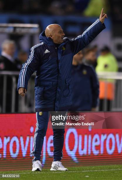 Jorge Sampaoli coach of Argentina shouts instructions to his players during a match between Argentina and Venezuela as part of FIFA 2018 World Cup...