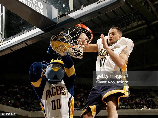 Boomer, the Indiana Paces Mascot and a member of the Pacers Power Pack perform as the Pacers took on the Toronto Raptors at Conseco Fieldhouse on...