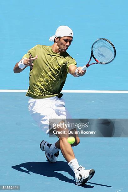 Fernando Verdasco of Spain plays a forehand in his playoff match against Fernando Gonzalez of Chile during day four of the AAMI Classic at the...