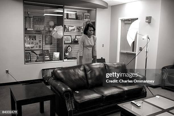 Democratic presidential hopeful U.S Senator Barack Obama 's wife Michelle Obama backstage before her husband's speech during a rally at the North...