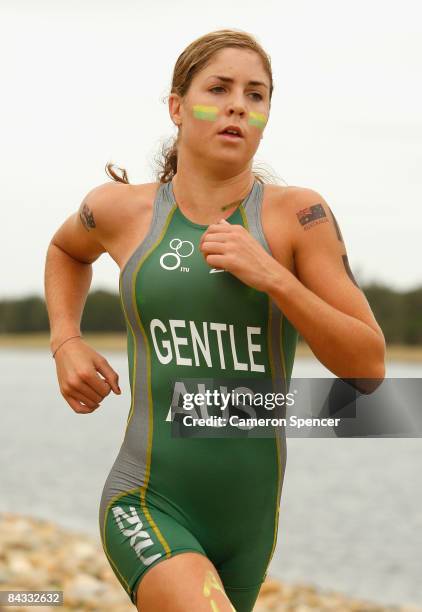 Ashleigh Gentle of Australia competes in the run leg of the triathlon teams relay during day four of the Australian Youth Olympic Festival at the...