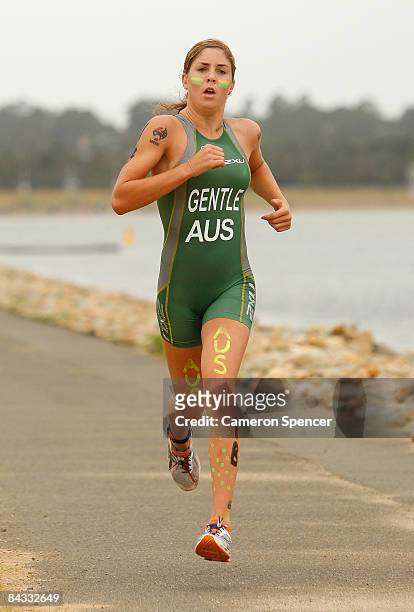 Ashleigh Gentle of Australia competes in the run leg of the triathlon teams relay during day four of the Australian Youth Olympic Festival at the...