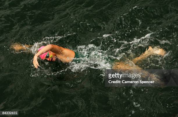 Brian McLeod of Australia swims during the triathlon teams relay during day four of the Australian Youth Olympic Festival at the Sydney International...