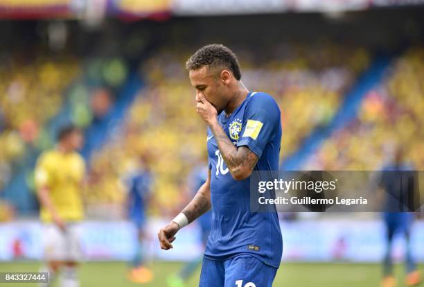 Neymar Jr of Brazil reacts during a match between Colombia and Brazil as part of FIFA 2018 World Cup Qualifiers at Metropolitano Roberto Melendez...