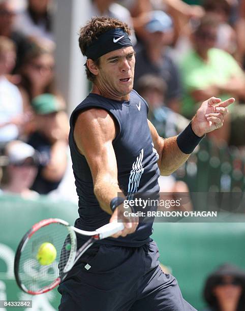 Juan Martin Del Potro from Argentina returns the ball during his match against Sam Querrey from the US during the Heineken open final at ASB tennis...