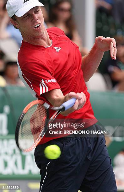 Sam Querrey from the US returns the ball during his match against Juan Martin Del Potro from Argentina at the Heineken open final at ASB tennis...