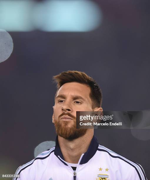 Lionel Messi of Argentina looks during a match between Argentina and Venezuela as part of FIFA 2018 World Cup Qualifiers at Monumental Stadium on...