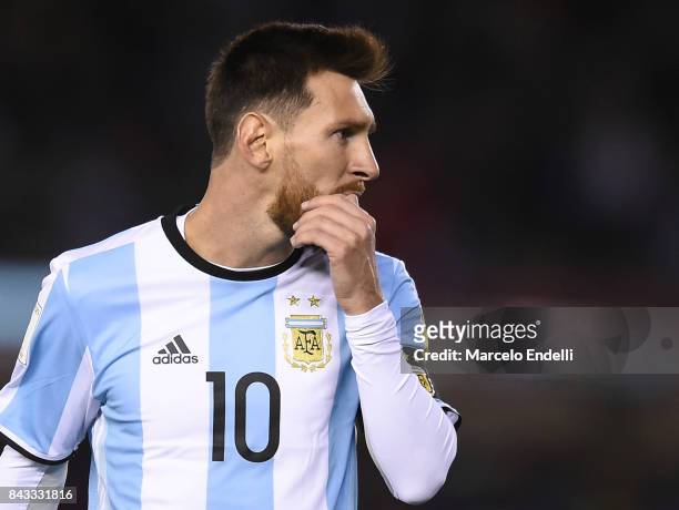 Lionel Messi of Argentina gestures during a match between Argentina and Venezuela as part of FIFA 2018 World Cup Qualifiers at Monumental Stadium on...