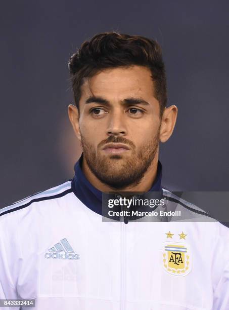 Lautaro Acosta of Argentina looks on during the national anthems ceremony prior to match between Argentina and Venezuela as part of FIFA 2018 World...