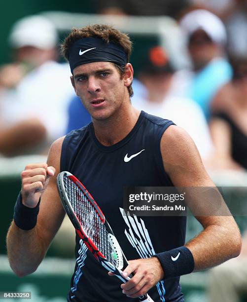 Juan Martin Del Potro of Argentina celebrates a point in his final match against Sam Querrey during day five of the Heineken Open at ASB Tennis...