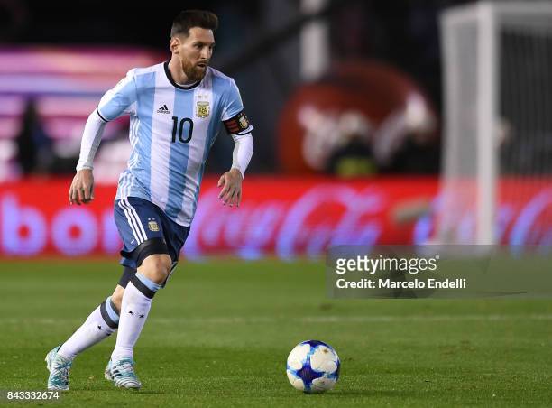 Lionel Messi of Argentina drives the ball during a match between Argentina and Venezuela as part of FIFA 2018 World Cup Qualifiers at Monumental...