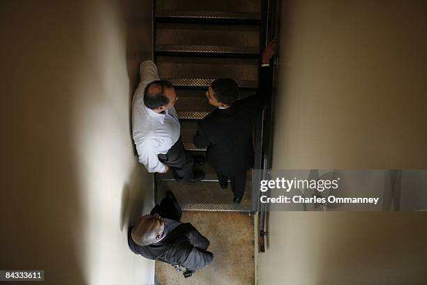 Democratic presidential candidate Senator Barack Obama and his senior advisor, David Axlerod and aide Reggie Love backstage before speaking to...