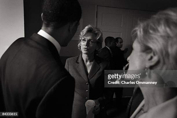 Backstage US Senator and presumptive Democratic Presidential nominee Barack Obama talks with Michigan Governor Jennifer Granholm before attending a...