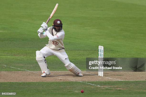 Ryan Patel of Surrey plays to the offside during day two of the Specsavers County Championship Division One match between Hampshire and Surrey at the...