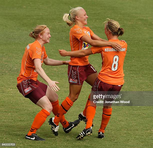 Tameka Butt of the Roar celebrates with team mates after scoring a goal during the W-League 2009 Grand Final match between the Queensland Roar and...