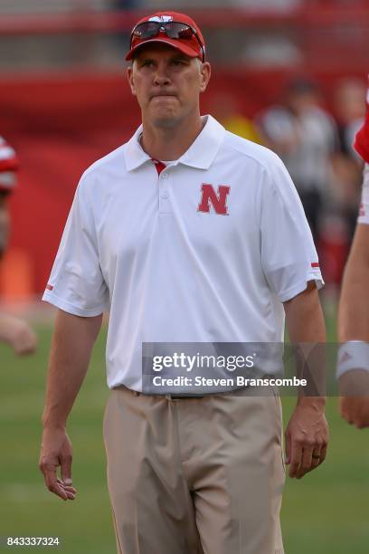 Offensive Coordinator Danny Langsdorf of the Nebraska Cornhuskers on the field before the game against the Arkansas State Red Wolvesat Memorial...