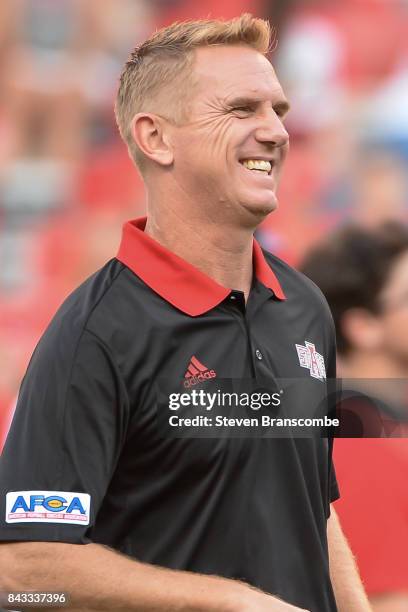 Head coach Blake Anderson of the Arkansas State Red Wolves on the field before the game against the Nebraska Cornhuskers at Memorial Stadium on...