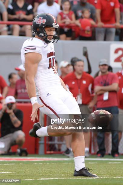 Punter Cody Grace of the Arkansas State Red Wolves in action against the Nebraska Cornhuskers at Memorial Stadium on September 2, 2017 in Lincoln,...