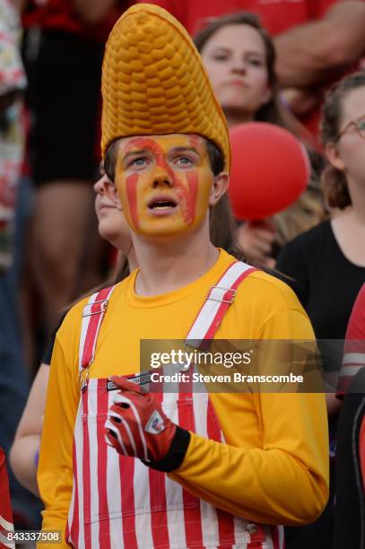 Fan of the Nebraska Cornhuskers looks on during the game against the Arkansas State Red Wolves at Memorial Stadium on September 2, 2017 in Lincoln,...