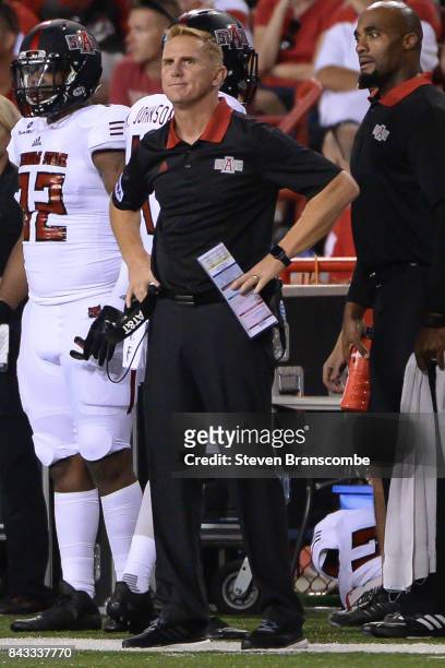 Head coach Blake Anderson of the Arkansas State Red Wolves watches action against the Nebraska Cornhuskers at Memorial Stadium on September 2, 2017...
