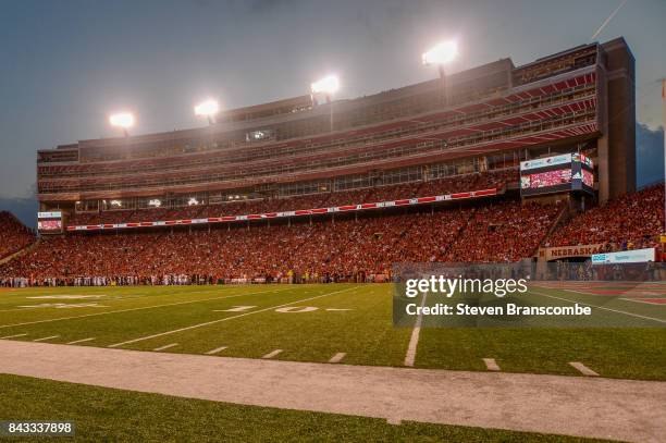 General view of the stands between the Nebraska Cornhuskers and the Arkansas State Red Wolves at Memorial Stadium on September 2, 2017 in Lincoln,...