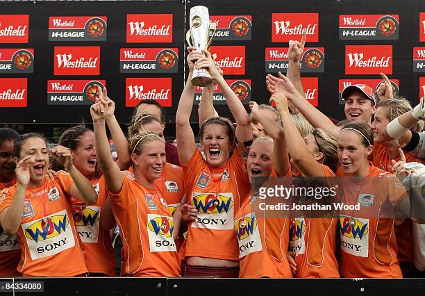 The Queensland Roar women celebrate victory in the W-League 2009 Grand Final match between the Queensland Roar and Canberra United at Ballymore...