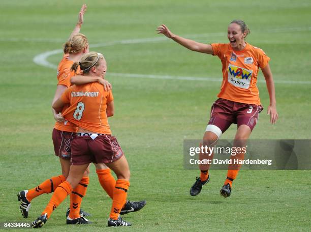 The Roar celebrates their second goal during the W-League 2009 Grand Final match between the Queensland Roar and Canberra United at Ballymore Stadium...