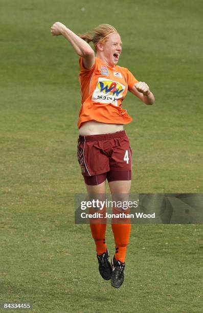 Clare Polkinghorne of the Roar shows her elation after a goal is scored by team mate Lana Harch during the W-League 2009 Grand Final match between...