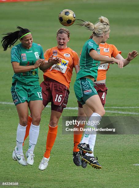 Clare Polkinghorne and Lauren Colthorpe of the Roar and Grace Gill and Thea Slatyer of Canberra all compete for the ball during the W-League 2009...