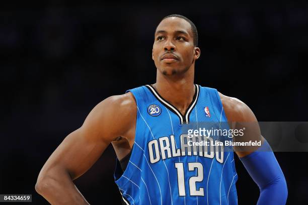 Dwight Howard of the Orlando Magic looks during the game against the Los Angeles Lakers at Staples Center on January 16, 2009 in Los Angeles,...